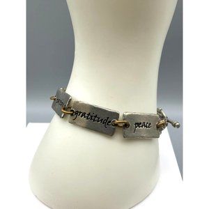 Vintage Two Tone Words Bracelet, Silver Tone and Brass Power Words Link Bangle